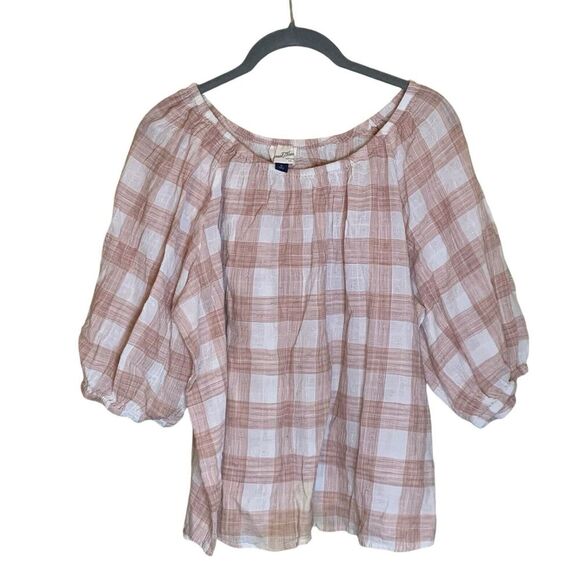 Universal Thread Tops - Universal Thread Plaid Peasant Blouse Womens Size XL Pink Lightweight Soft Boho